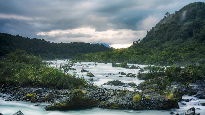 A river surrounded by forest on cloudy days