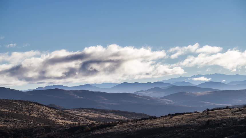 Panorama of mountains with clouds passing by in time lapse