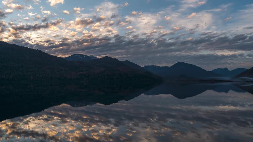 Panoramic view of a lake reflecting the sky with passing clouds and a mountain range in the surrounding