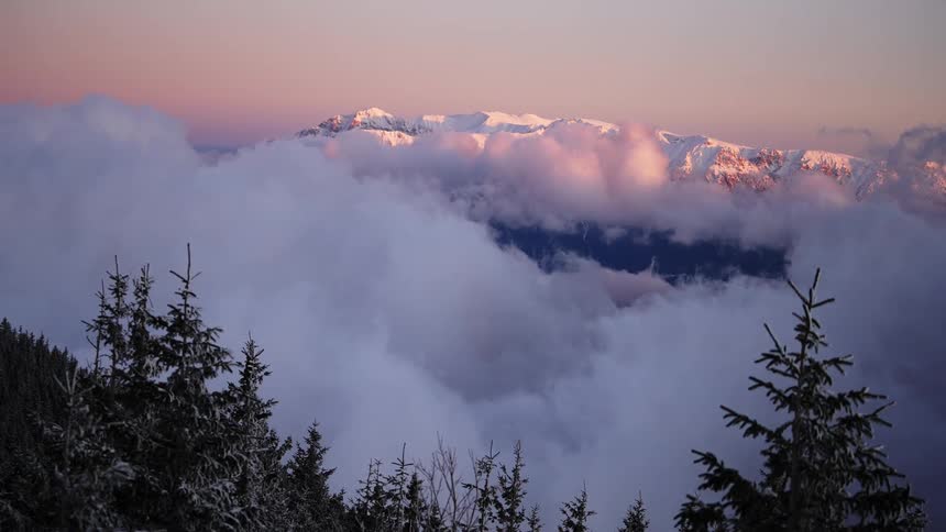 Snowcapped mountains peaking through a sea of clouds during sunset