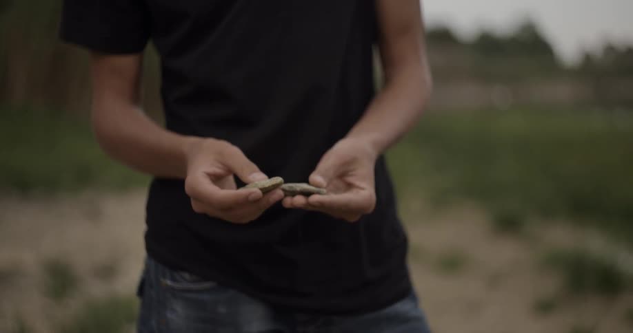 A man holds stones in a field