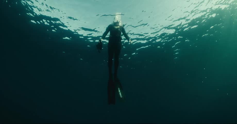 Diver floating underwater surfaces briefly