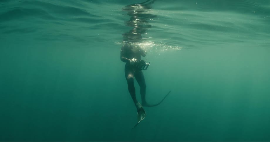A diver is holding a camera underwater