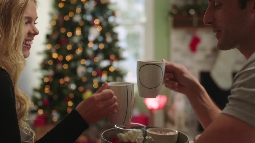 Couple sitting in the living room clinking cups and smiling