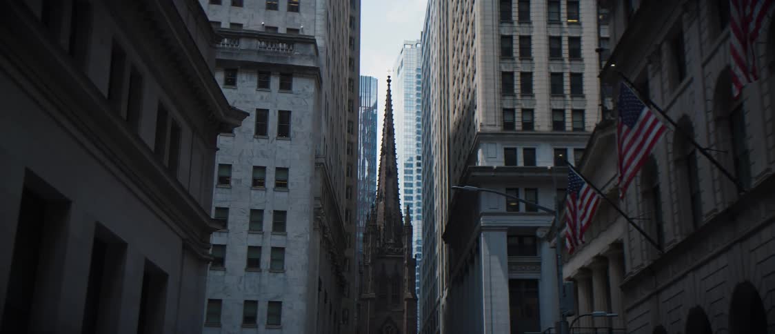 Flags hang from the building