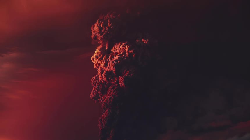 Red sky and volcanic eruption plume