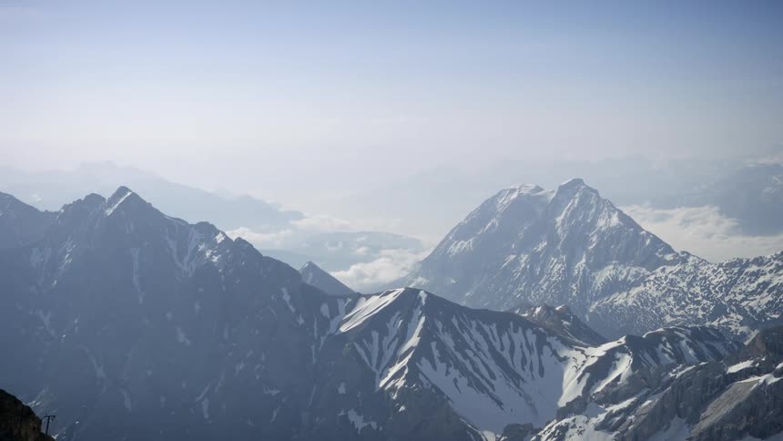 Snowcovered mountain peaks under a clear sky