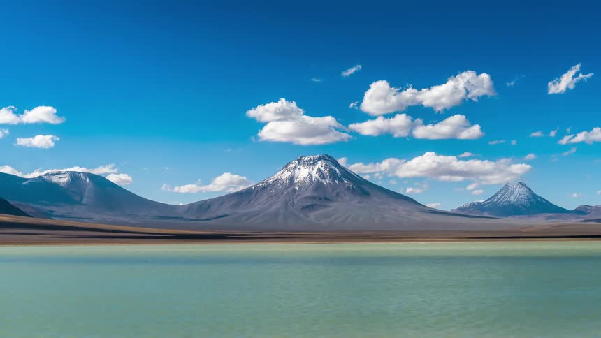Panorama of a blue lake with snowy mountains in the background and clouds passing in timelapse