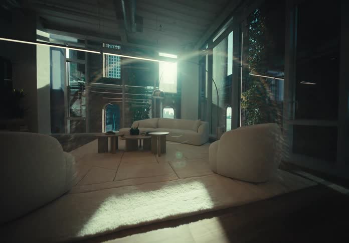 Interior design of a room with a white sofa in a building in a metropolis