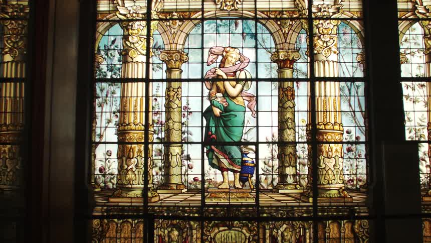 A church with a massive stained glass window