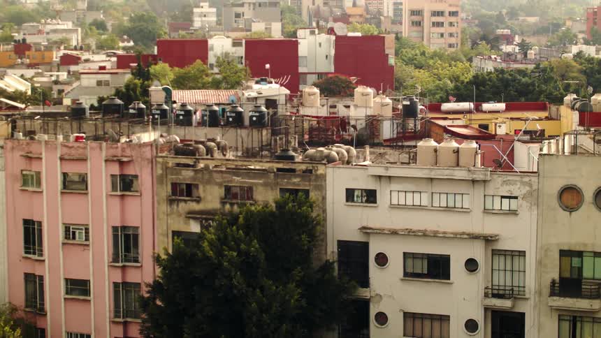 Panorama of residential buildings with gas and piping on the terrace