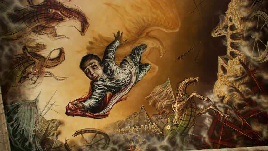 Painting of a person falling in a fiery and chaotic scene with dragons and horses