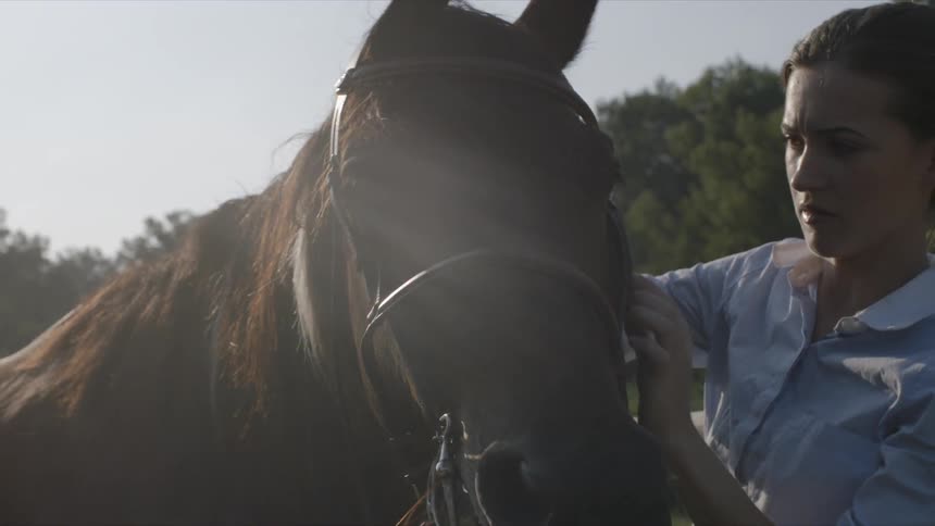 A woman is placing a bridle on a horse