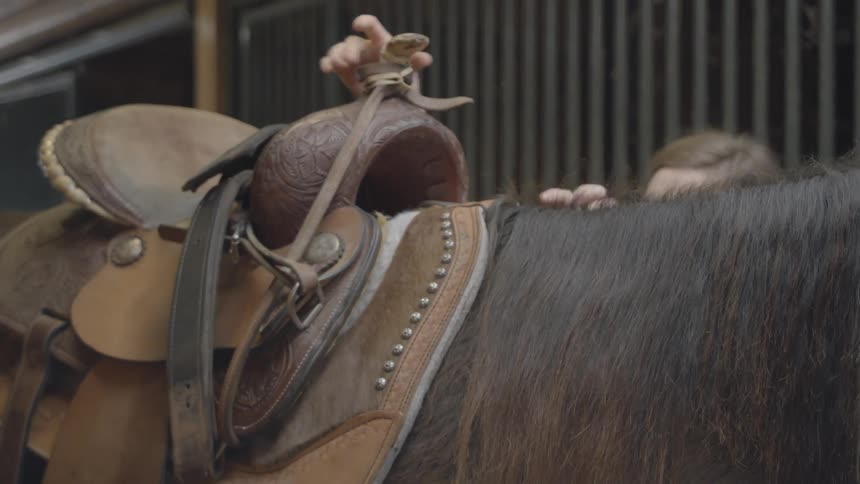 A woman places a saddle on the back of a horse
