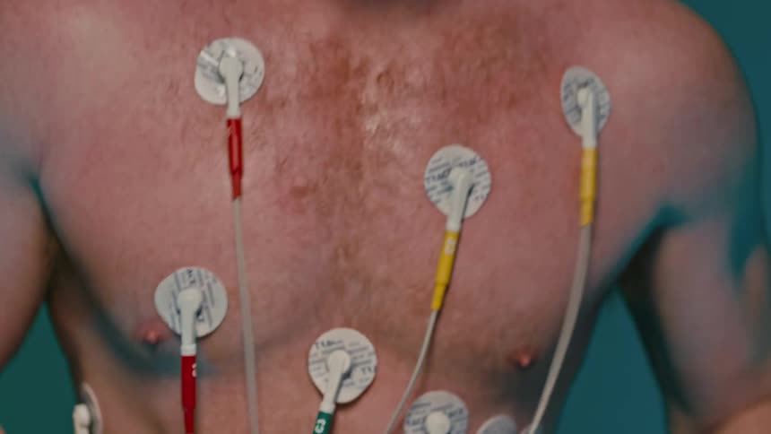 Portrait of a man running on treadmill shirtless with wires over his belly and chest monitoring his performance