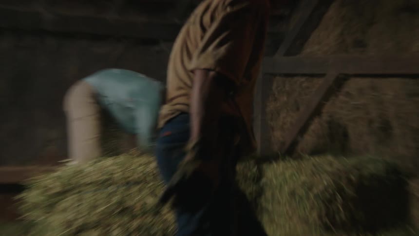 Two people are working in a dimly lit barn handling hay