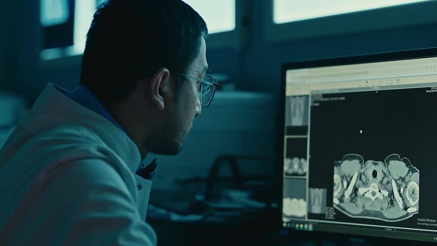 A doctor analyzes medical tests on a computer screen