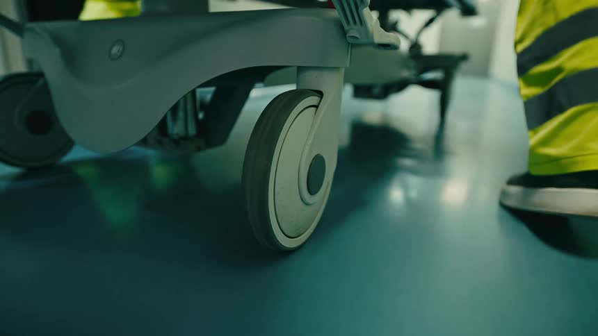 Legs of healthcare workers in a hospital corridor walking and carrying a stretcher