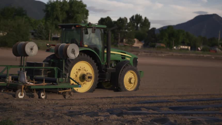 A tractor parked in fertile soil on an agricultural plantation