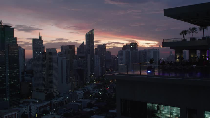 Panorama of a metropolis with skyscrapers and purple sky