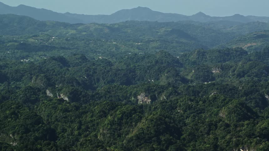 Aerial panorama of mountain range covered by forests