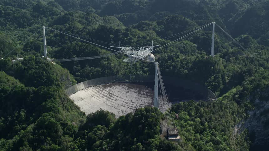 A large radio telescope surrounded by forests