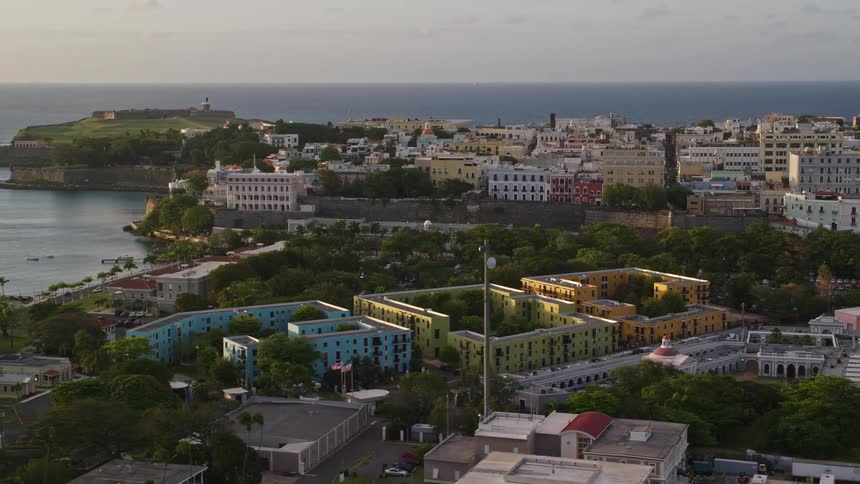 Aerial panorama of an urban city on an island surrounded by the sea