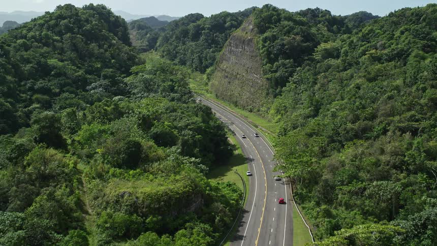 A road with traffic cuts through forests and a mountain