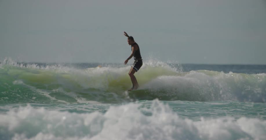 A surfer gets up on his board rides a wave for a few moments then falls down