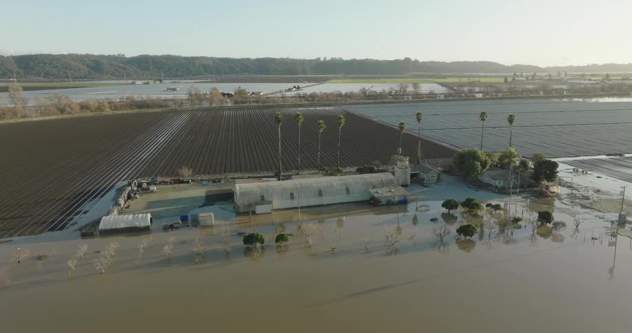 A flooded modern farm