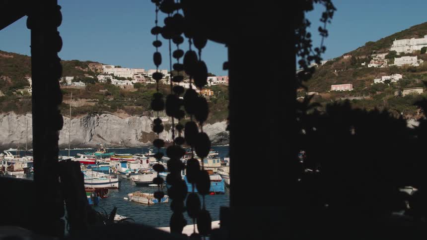Boats docked at a marina in small coastal town