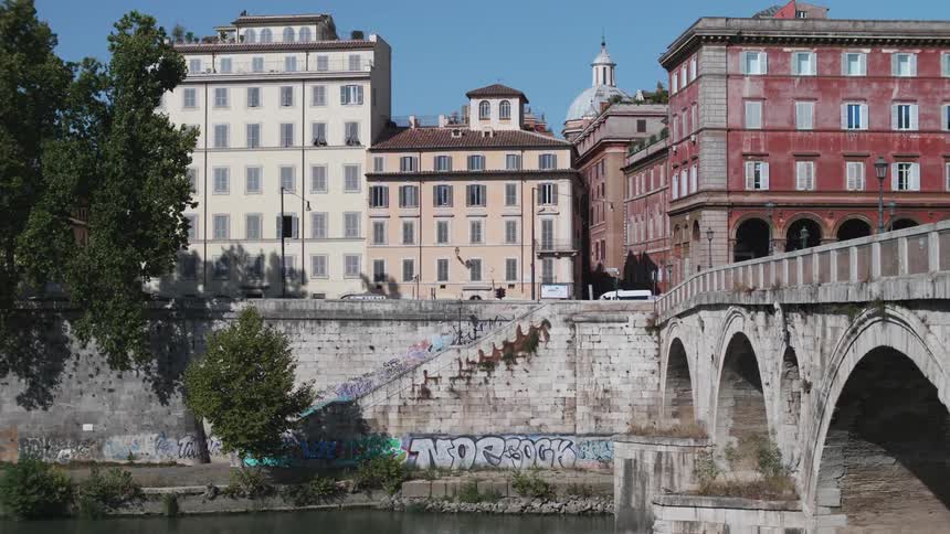 Landscape of urban buildings in front of a bridge over a lake