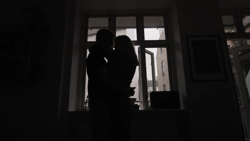 Silhouette of a couple hugging and kissing in a room