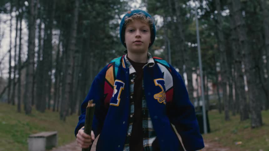 A teenage boy is holding a branch while walking on a path near many trees