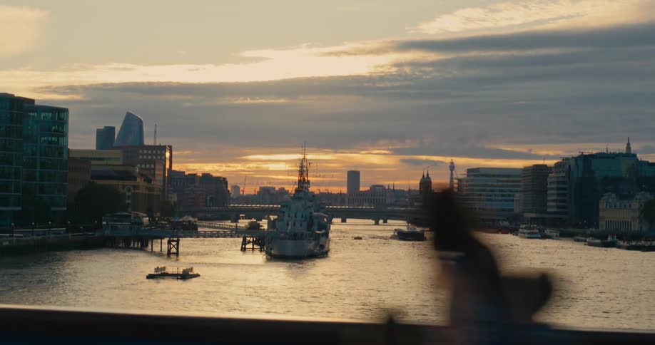 Landscape of a metropolis on a suspension bridge with the sunset on the horizon
