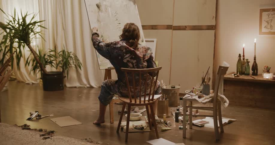Woman sits on chair among scattered art supplies and draws on canvas on easel