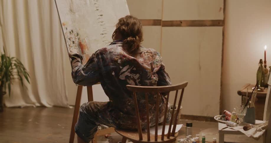 Artist sketching on canvas board sits near art supplies in studio