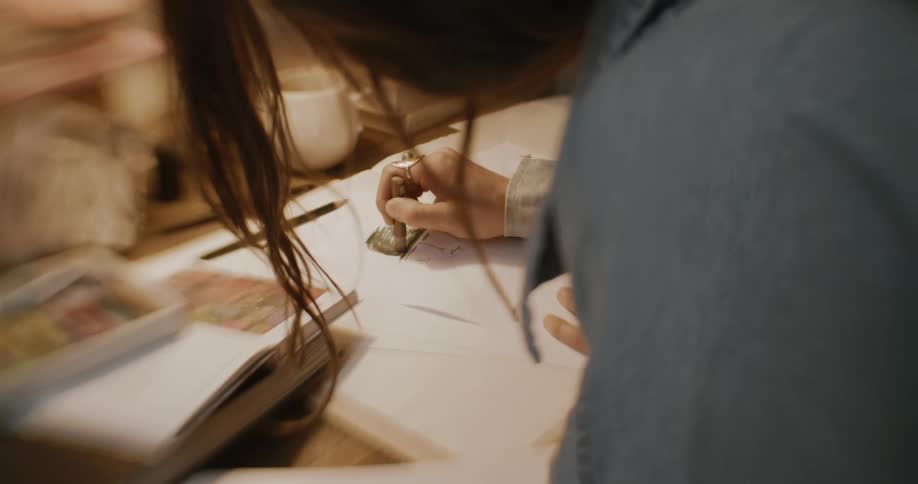 A white woman uses chalk to fill in a box on a white canvas