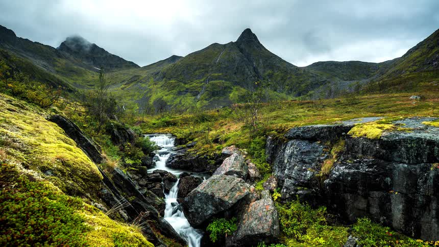 A small stream runs by the mountains