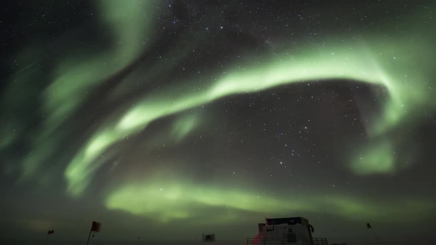 Panorama of the night sky with stars and Aurora Australis