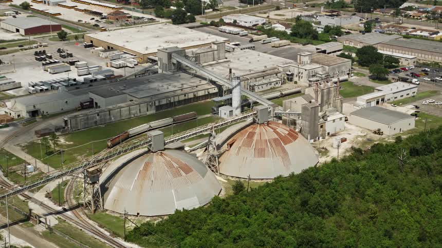 Aerial panorama of two names in a factory