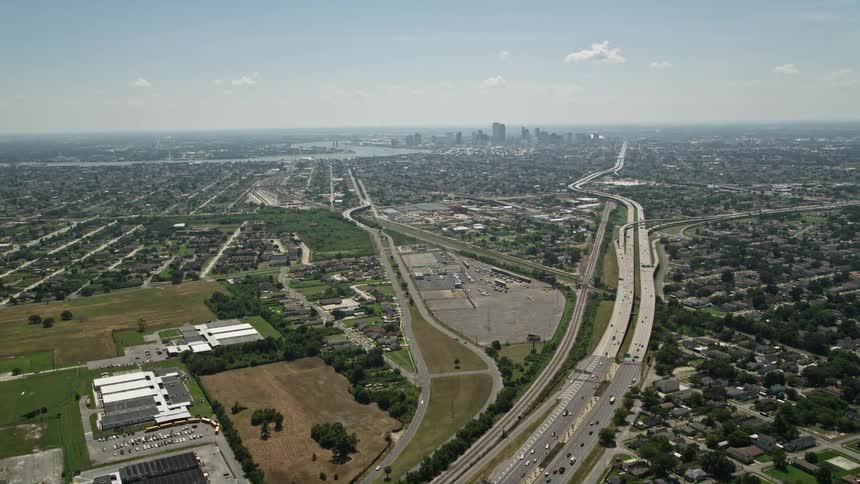Aerial panorama of an urban city with buildings and skyscrapers on the horizon