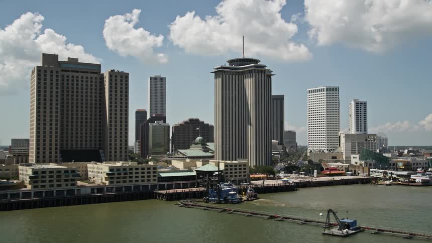 A downtown city area sits near the waterfront