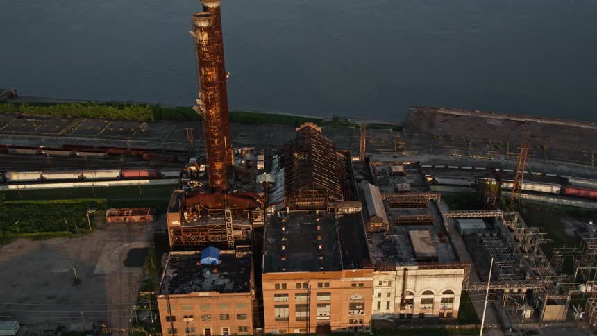 Aerial panorama of a factory next to a train line and a sea canal