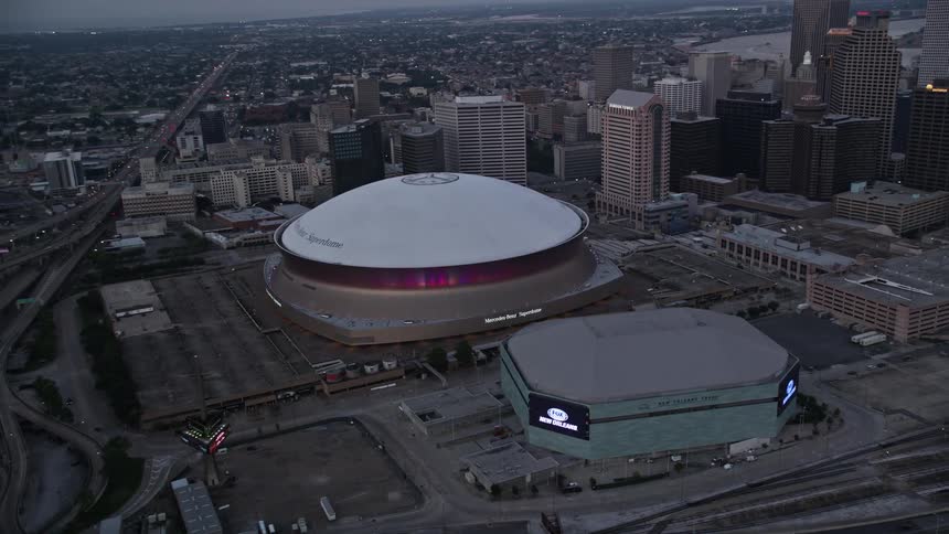 A stadium near a downtown area
