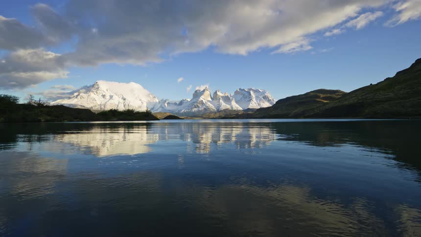 Panorama of a lake surrounded by mountains during the day