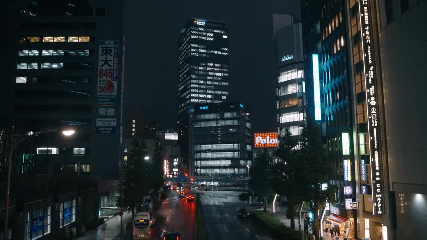 Landscape of buildings cars and people moving around in a metropolis at night