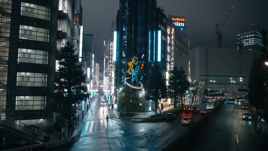 A rainy night in tokyo with bright neon signs