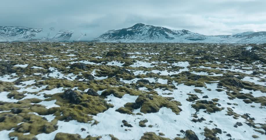 The landscape leads to a mountain range