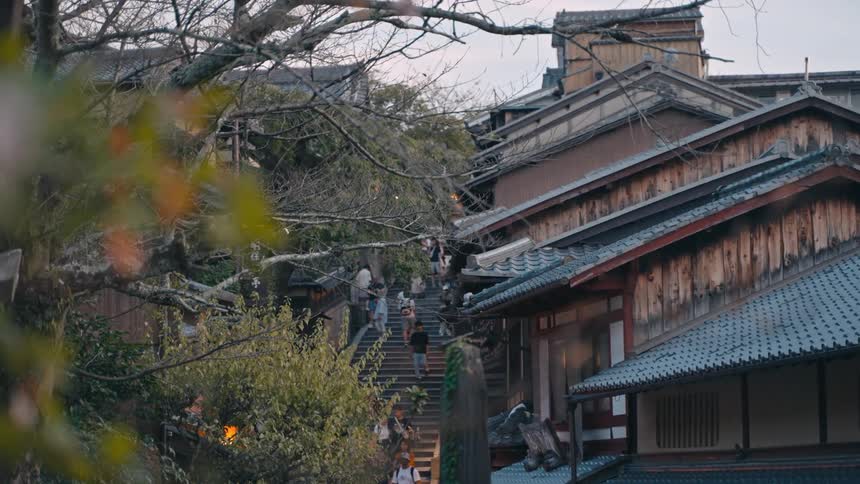 People going up and down a staircase next to a residential neighborhood with wooden houses